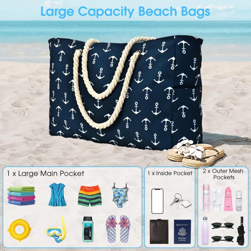 oscaurt Strandtasche Tote Bag Shopper Tasche Damen Handtasche Umhängetasche Groß Wasserdicht Beach Bag mit Reißverschluss Weekender Damen Saunatasche Faltbare Reisetasche – Bild 3