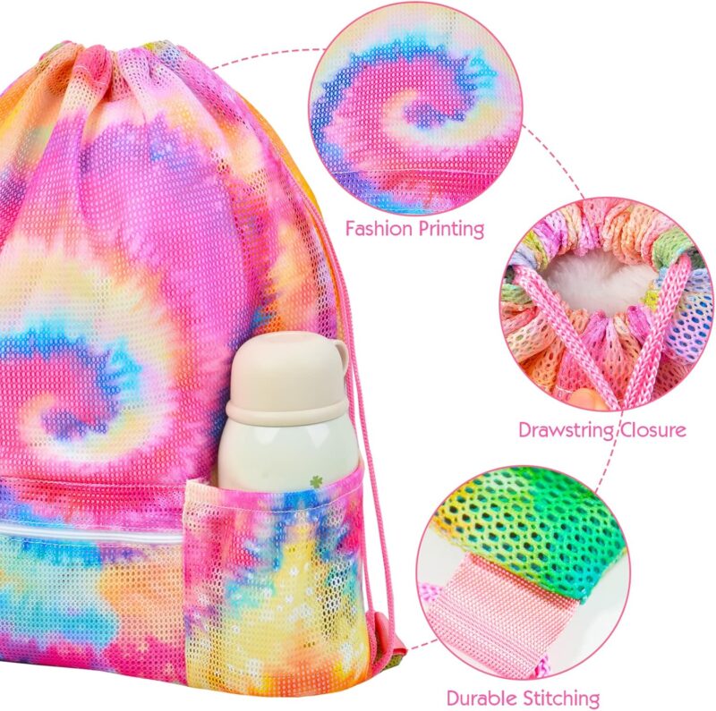 Nidoul Mesh Kordelzug Tasche mit Reißverschlusstasche, Strand Tasche für Schwimmen Gear Rucksack Gym Aufbewahrungsbeutel für Erwachsene Kinder – Bild 3