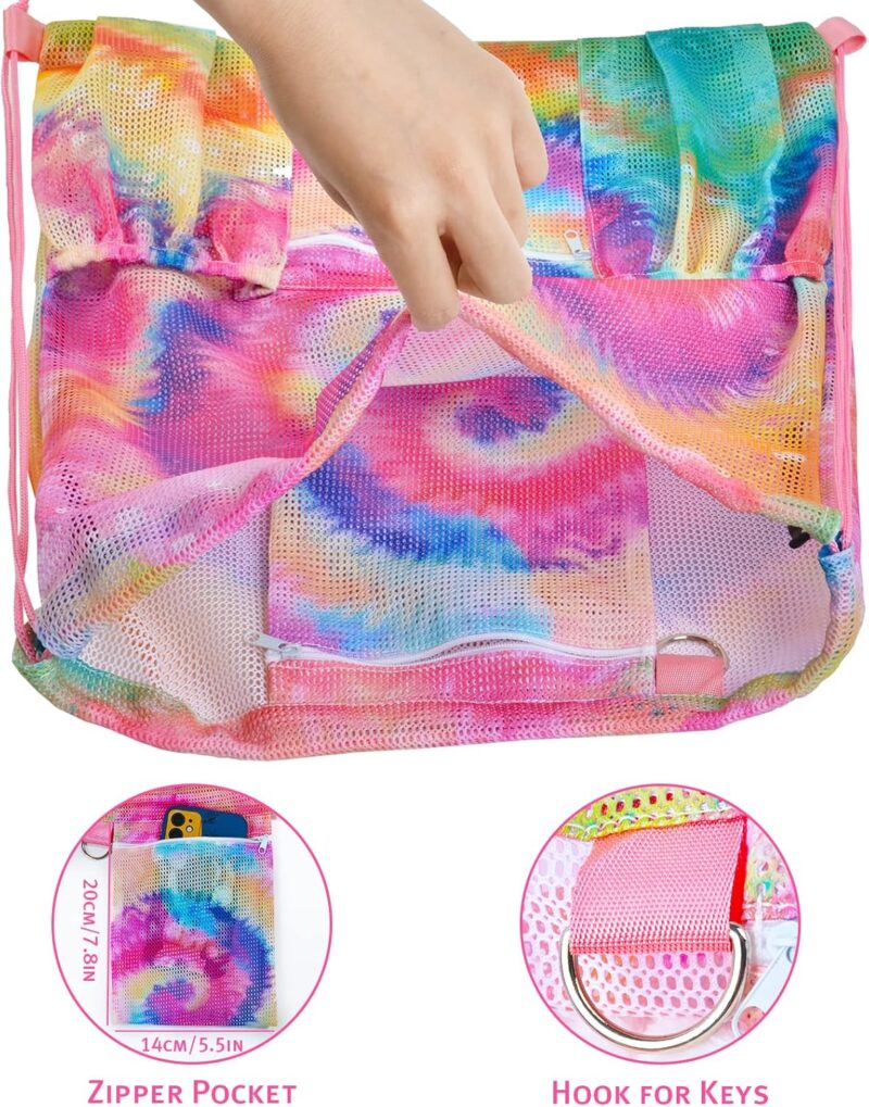 Nidoul Mesh Kordelzug Tasche mit Reißverschlusstasche, Strand Tasche für Schwimmen Gear Rucksack Gym Aufbewahrungsbeutel für Erwachsene Kinder – Bild 5