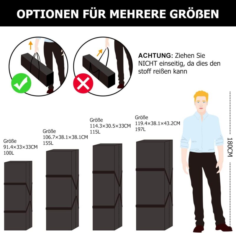 INFANZIA 197L Sporttasche, Extra Große Reisetasche mit Verbessertem Reißverschluss, Tragetasche mit Großer Kapazität，Stark und Wasserdicht, Geeignet für Reisen,Sport, 120x38x43 cm, Schwarz – Bild 3