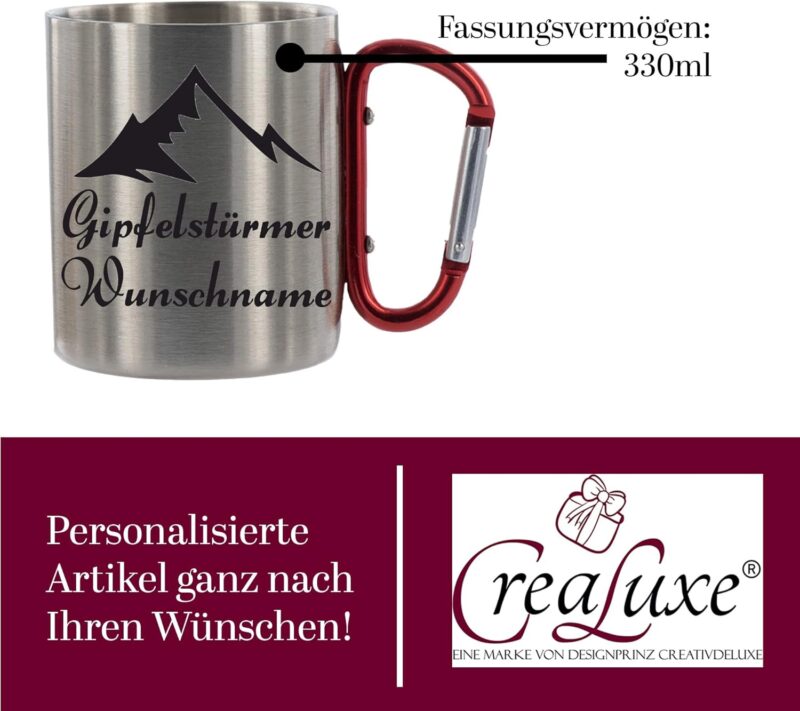 CreaLuxe Edelstahltasse mit Karabiner - Gipfelstürmer (Wunsch Name) - Tasse personalisiert - Kaffeetasse - Bürotasse - Personalisierte Geschenke - Personalisierte Tasse mit Namen – Bild 6