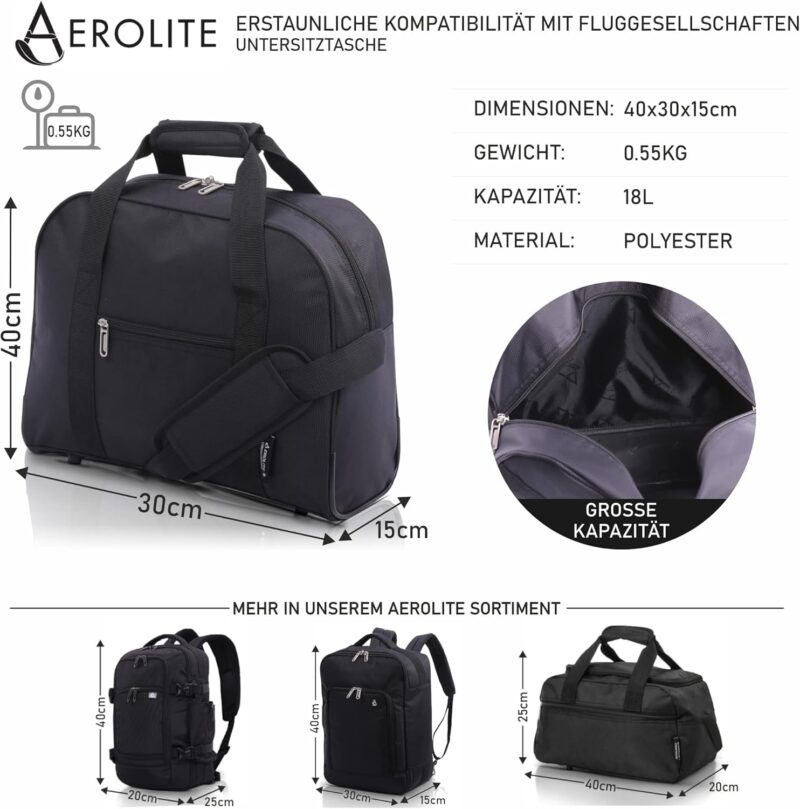 Aerolite 40x30x15 British Airways, Air France, KLM Maximale Größe Handgepäck Reisetasche, Handgepäck unter dem Sitz, Flugtasche, Schwarz – Bild 2