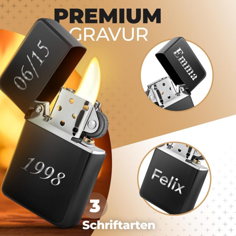 Metallfeuerzeug mit persönlicher Gravur | Benzinfeuerzeug mit Name | Individuell graviertes Feuerzeug | Hochwertiges Geschenk für Männer | Personalisiertes Geschenk – Bild 2