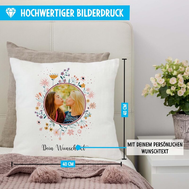 OWLBOOK® Fotogeschenke mit eigenem Foto Personalisierte Geschenke für Männer Frauen Fotokissen mit eigenem Foto mit Füllung Personalisiert mit Foto Blumen Flauschig 40x40 – Bild 2