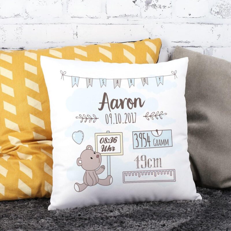 Striefchen® Kissen als Geschenk zur Taufe oder Geburt mit Namen & Datum - Teddybär - Babygeschenk oder Geburtskissen Junge – Bild 2