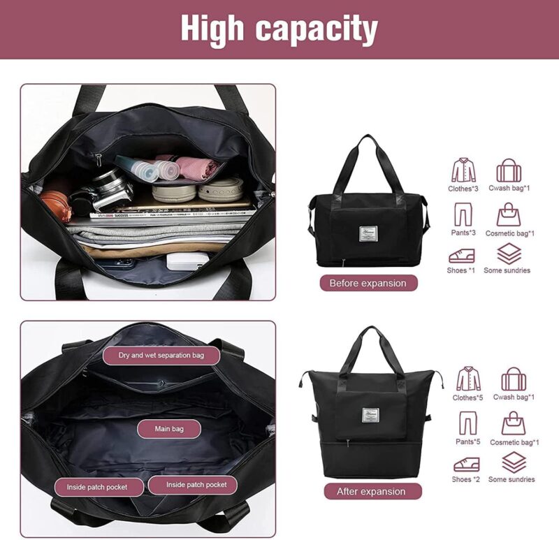 YAMEE Reisetasche Faltbare mit großer Kapazität, Tragbar Reisetaschen, wasserdichte Sporttasche mit Nassfach, Weekender-Tasche mit erweiterbarem Platz, Sporttasche Oxford-Stoff-Reisetasche – Bild 2