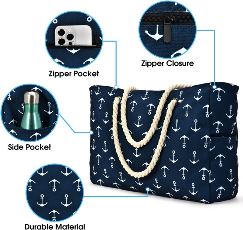 oscaurt Strandtasche Tote Bag Shopper Tasche Damen Handtasche Umhängetasche Groß Wasserdicht Beach Bag mit Reißverschluss Weekender Damen Saunatasche Faltbare Reisetasche – Bild 2