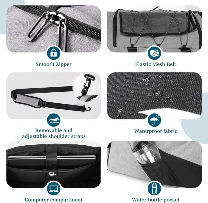 Tolaccea Sporttasche Rucksack für Herren Damen, 45-63L Erweiterbar Sporttaschen Groß mit Schuhfach Nassfach Laptopfach,Reisetasche Trainingstasche für Gym,Reise,Schwimmen,Sauna,fußball(Grau) – Bild 3