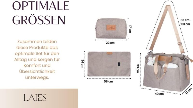 Große Wickeltasche - wasserdicht, verstellbar inkl. Wickelauflage, Kosmetiktasche, Haken für Kinderwagen, Organizer und Zubehör – Bild 3