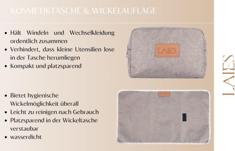 Große Wickeltasche - wasserdicht, verstellbar inkl. Wickelauflage, Kosmetiktasche, Haken für Kinderwagen, Organizer und Zubehör – Bild 4