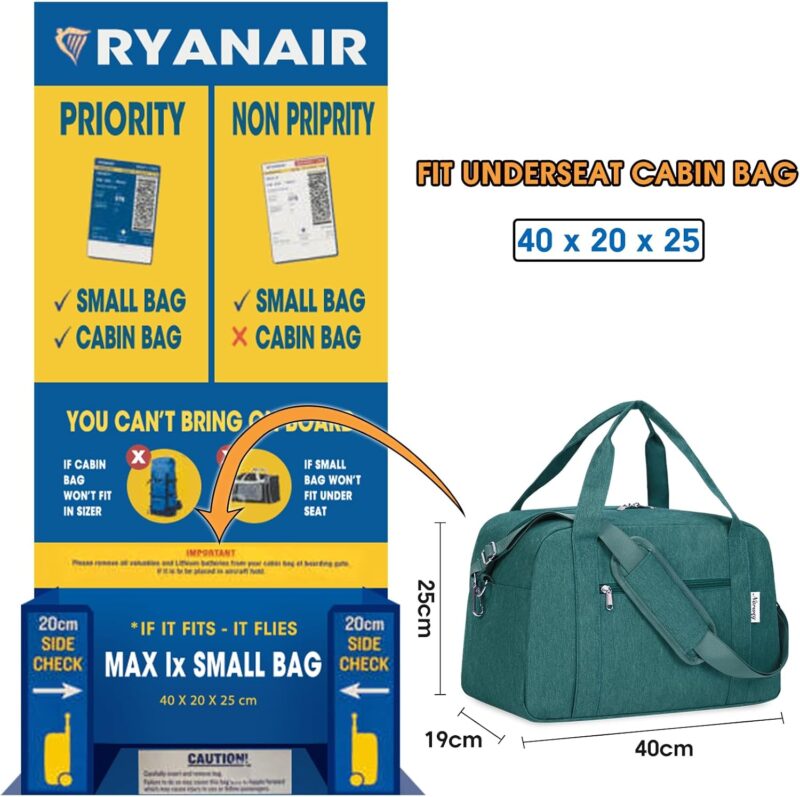 Narwey für Ryanair Handgepäck 40x20x25 Kleine Reisetasche Handgepäck Tasche für Flugzeug Weekender Sporttasche Damen Herren 20L (Blau Grün) – Bild 3