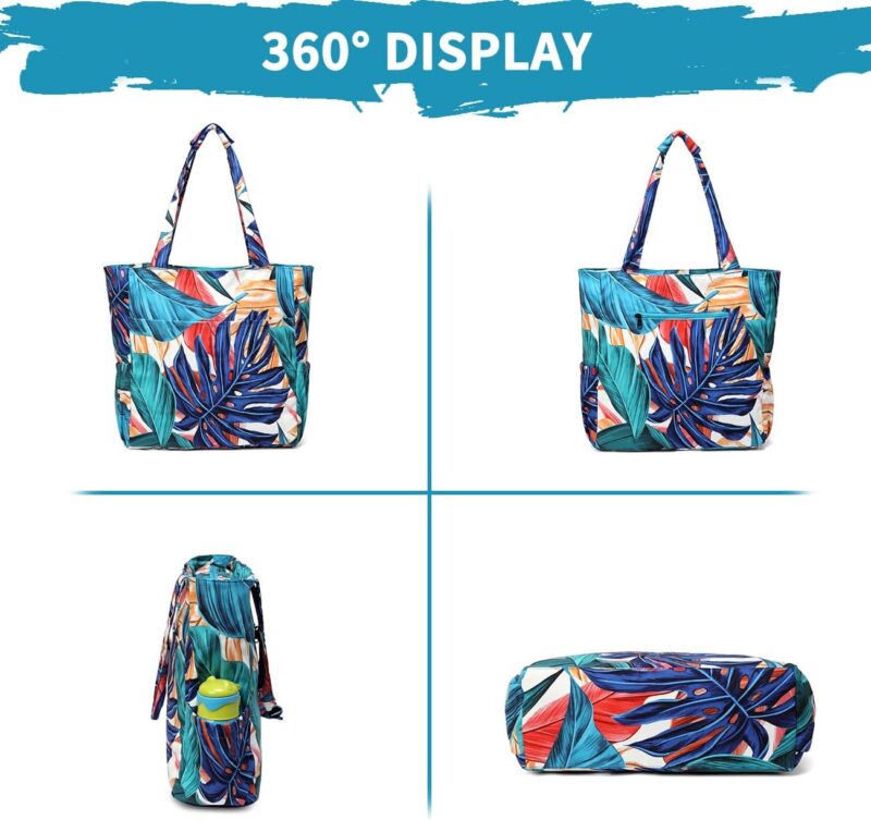 Kasgo Strandtasche Handtasche Damen, Wasserabweisend Sanddichte Große Tote Bag Schultertasche Aktentasche für Fitnessstudio, Reisen, Einkaufen, Schule Palmblatt – Bild 4