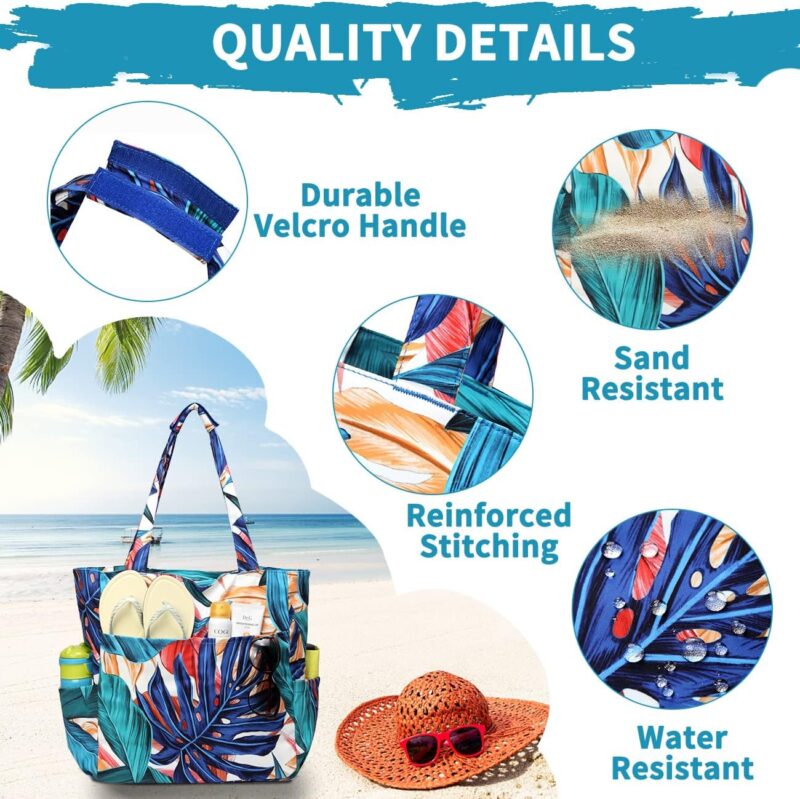 Kasgo Strandtasche Handtasche Damen, Wasserabweisend Sanddichte Große Tote Bag Schultertasche Aktentasche für Fitnessstudio, Reisen, Einkaufen, Schule Palmblatt – Bild 4