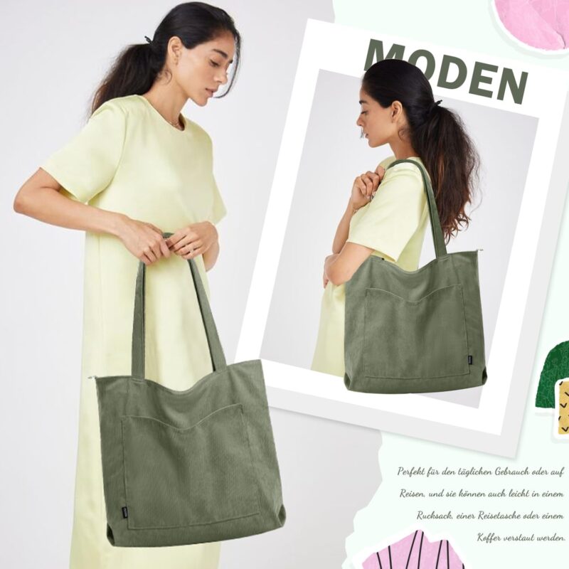GASSDA Handtasche Damen Groß Shopper Tasche Damen Cord Tasche Tote Bag mit Reißverschluss für Arbeit Einkaufen Fitness Reisen (A-Dunkelgrün) – Bild 2