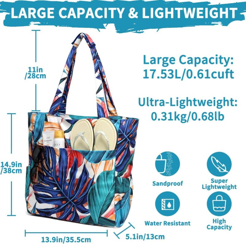 Kasgo Strandtasche Handtasche Damen, Wasserabweisend Sanddichte Große Tote Bag Schultertasche Aktentasche für Fitnessstudio, Reisen, Einkaufen, Schule Palmblatt – Bild 2