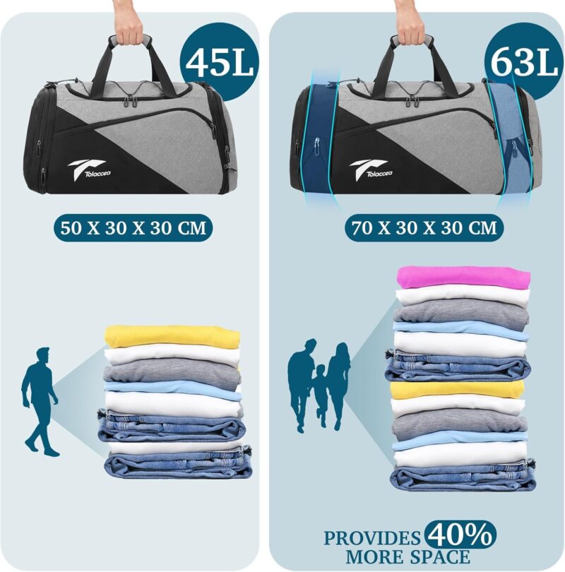 Tolaccea Sporttasche Rucksack für Herren Damen, 45-63L Erweiterbar Sporttaschen Groß mit Schuhfach Nassfach Laptopfach,Reisetasche Trainingstasche für Gym,Reise,Schwimmen,Sauna,fußball(Grau) – Bild 2