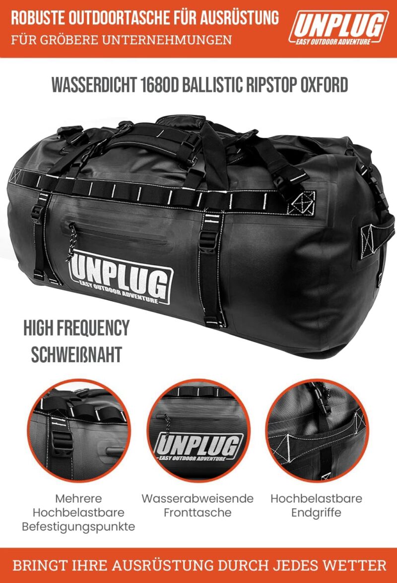 UNPLUG Ultimate Abenteuer Tasche | Wasserdichte Reisetasche Rucksack | 1680D Heavy Duty Seesack Wasserdicht für Camping, Motorrad Wasserfeste Tasche, Jagdtasche, Wasserdichte Duffel Bag für Bootfahren – Bild 2