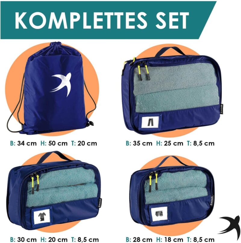 Packing Cubes Kompression für Koffer und Rucksack mit Packbeutel | mehr Platz im Koffer oder Backpack durch Kompression | Packwürfel Rucksack für deine Wander Ausrüstung (4-teilig, blau) – Bild 4