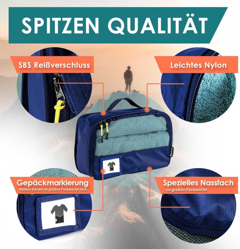 Packing Cubes Kompression für Koffer und Rucksack mit Packbeutel | mehr Platz im Koffer oder Backpack durch Kompression | Packwürfel Rucksack für deine Wander Ausrüstung (4-teilig, blau) – Bild 4