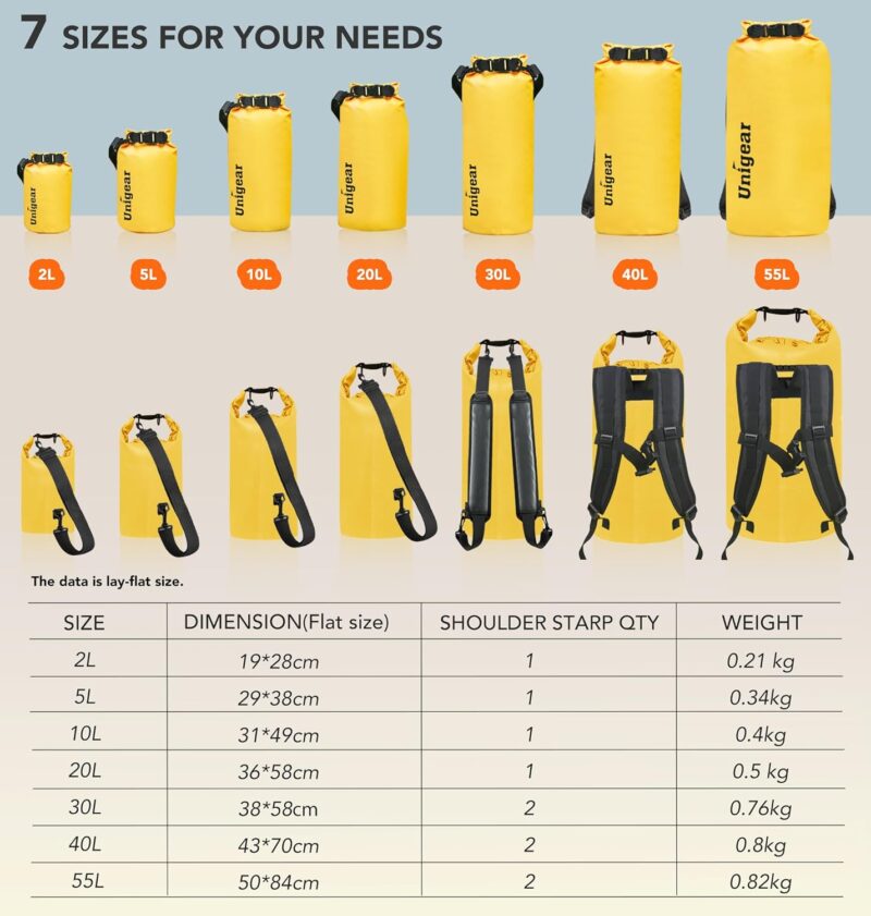 Unigear Dry Bag, 2L/5L/10L/20L/30L/40L, wasserdichter Beutel Rucksack, wasserdichte Taschen Seesack Packsack mit Handytasche und Gurte für Boot, Kajak, Angeln, Rafting, Schwimmen, Camping und Strand – Bild 3