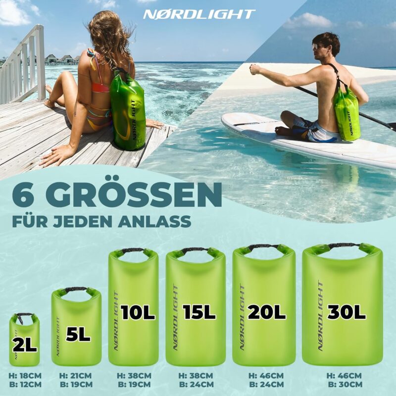 Dry Bag wasserdichte Tasche - 2l 5l 10l 15l 20l 30l Liter | Wasserfester Packsack Seesack Beutel Waterproof Drybag + Roll-Top + Schultergurt | Schwimmen Baden Strand Kanu SUP Tauchen Handy – Bild 3