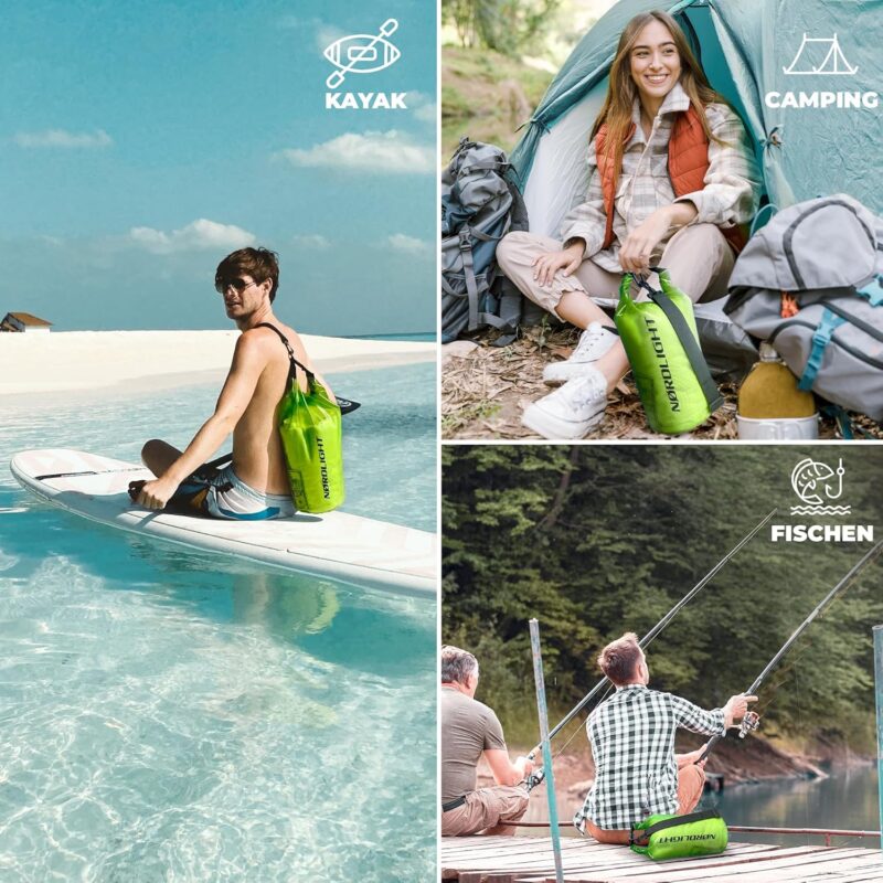 Dry Bag wasserdichte Tasche - 2l 5l 10l 15l 20l 30l Liter | Wasserfester Packsack Seesack Beutel Waterproof Drybag + Roll-Top + Schultergurt | Schwimmen Baden Strand Kanu SUP Tauchen Handy – Bild 6