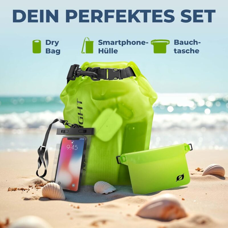 Dry Bag wasserdichte Tasche - 2l 5l 10l 15l 20l 30l Liter | Wasserfester Packsack Seesack Beutel Waterproof Drybag + Roll-Top + Schultergurt | Schwimmen Baden Strand Kanu SUP Tauchen Handy – Bild 2