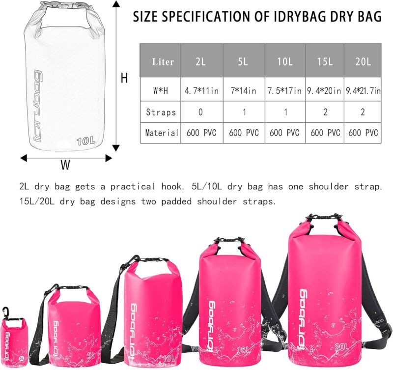 IDRYBAG Trockentaschen für Kajakfahren, wasserdicht, 2L/5L/10L/15L/20L, Kleiner, wasserdichter, schwimmender Trockensack, wasserdichter Trockensack für Paddelboard-Reisen – Bild 4