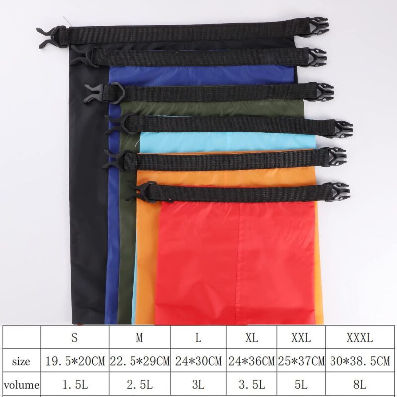 6 Stück wasserdichte Aufbewahrungsbeutel, 1,5/2,5/3/3,5/5/8L Lightweight Trockenbeutel Polyester Packsäcken Dry Bag Set für Wassersport Wandern Camping(Mehrfarbig) – Bild 2