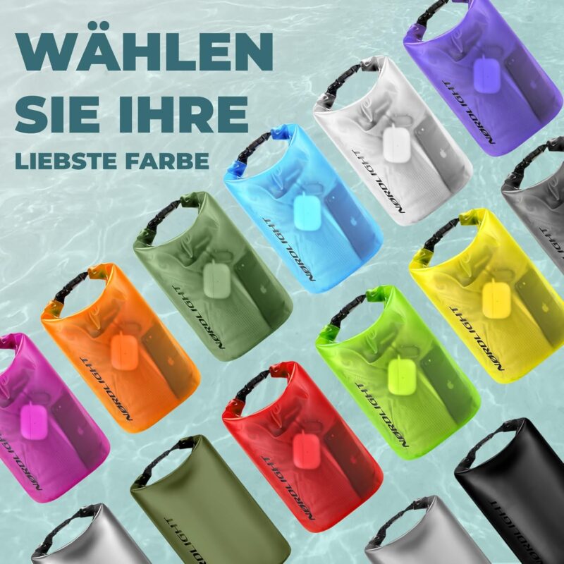 Dry Bag wasserdichte Tasche - 2l 5l 10l 15l 20l 30l Liter | Wasserfester Packsack Seesack Beutel Waterproof Drybag + Roll-Top + Schultergurt | Schwimmen Baden Strand Kanu SUP Tauchen Handy – Bild 2