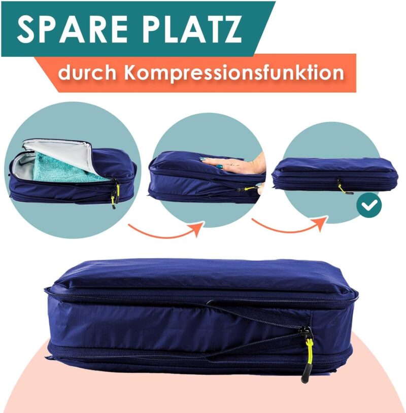 Packing Cubes Kompression für Koffer und Rucksack mit Packbeutel | mehr Platz im Koffer oder Backpack durch Kompression | Packwürfel Rucksack für deine Wander Ausrüstung (4-teilig, blau) – Bild 2