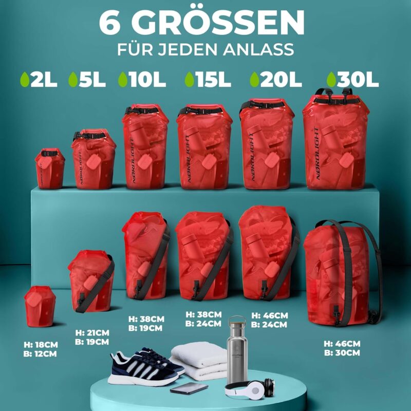 Dry Bag wasserdichte Tasche - 2l 5l 10l 15l 20l 30l Liter | Wasserfester Packsack Seesack Beutel Waterproof Drybag + Roll-Top + Schultergurt | Schwimmen Baden Strand Kanu SUP Tauchen Handy – Bild 3