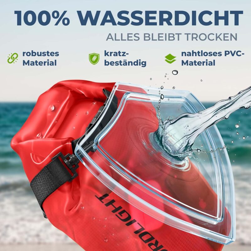 Dry Bag wasserdichte Tasche - 2l 5l 10l 15l 20l 30l Liter | Wasserfester Packsack Seesack Beutel Waterproof Drybag + Roll-Top + Schultergurt | Schwimmen Baden Strand Kanu SUP Tauchen Handy – Bild 5