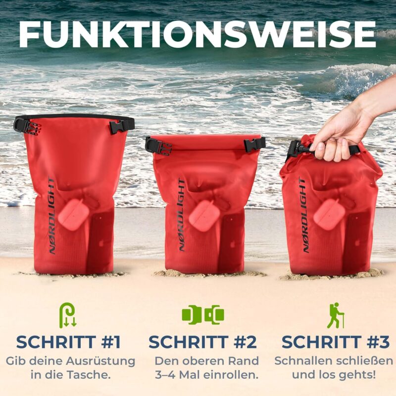 Dry Bag wasserdichte Tasche - 2l 5l 10l 15l 20l 30l Liter | Wasserfester Packsack Seesack Beutel Waterproof Drybag + Roll-Top + Schultergurt | Schwimmen Baden Strand Kanu SUP Tauchen Handy – Bild 6