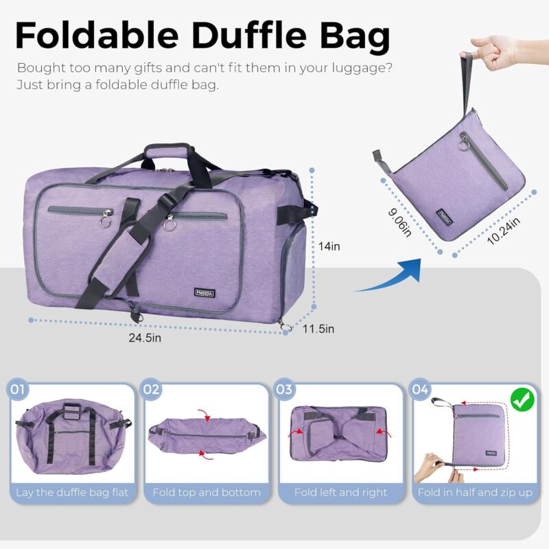 Fmeida Reisetasche Faltbare Reisentaschen Weekender Damen Foldable Travel Bag Groß Sporttasche XXL Saunatasche Wasserdicht Kliniktasche Geburt 65L Lila – Bild 3