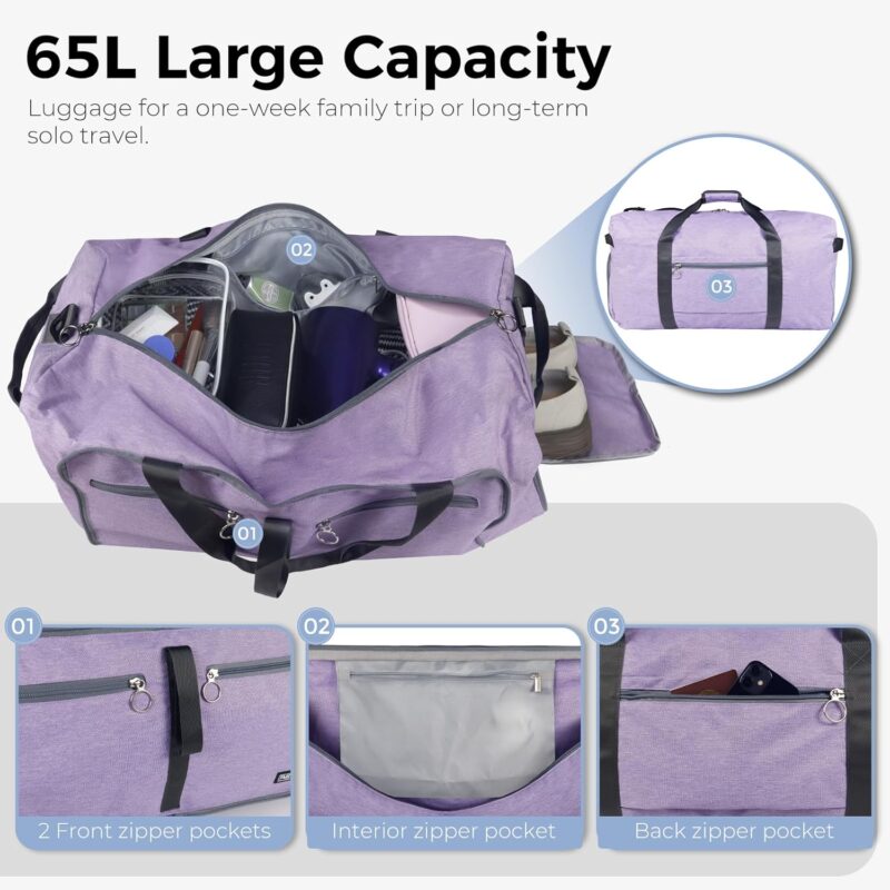 Fmeida Reisetasche Faltbare Reisentaschen Weekender Damen Foldable Travel Bag Groß Sporttasche XXL Saunatasche Wasserdicht Kliniktasche Geburt 65L Lila – Bild 4