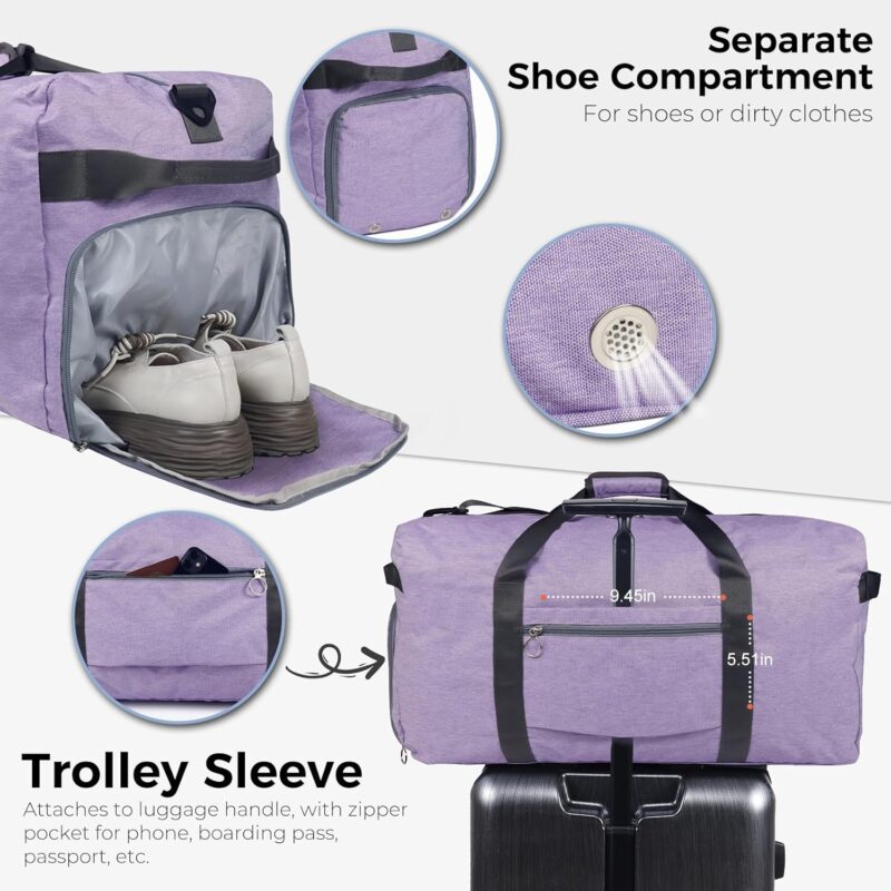Fmeida Reisetasche Faltbare Reisentaschen Weekender Damen Foldable Travel Bag Groß Sporttasche XXL Saunatasche Wasserdicht Kliniktasche Geburt 65L Lila – Bild 5