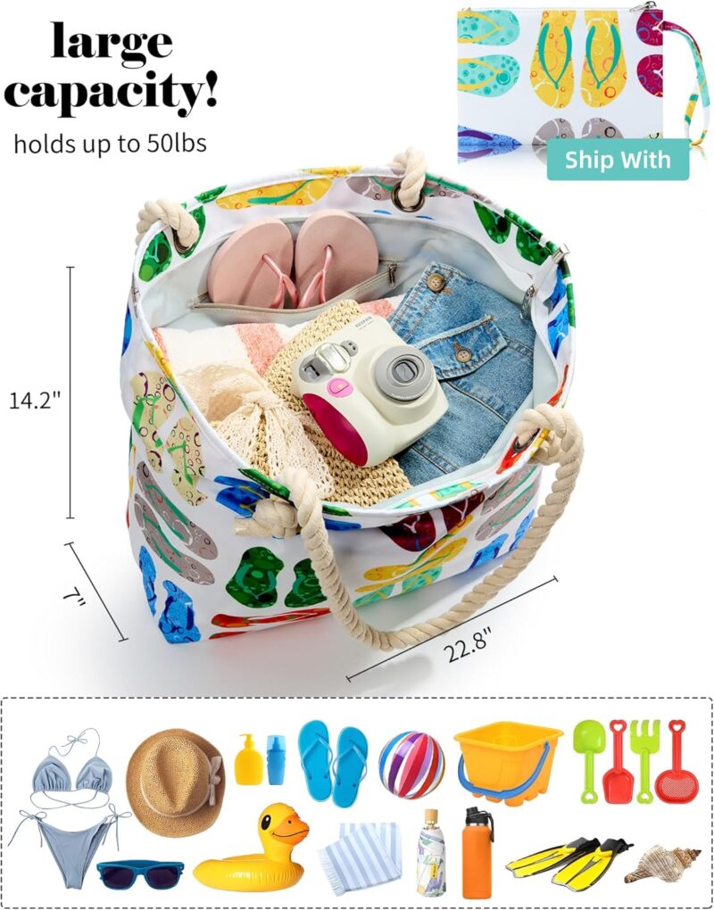 KALIDI Große Strandtasche mit Reißverschluss Wasserdicht Badetasche Strandtasche XXL Familie Beach Tote Bag mit Reißverschluss Große Shopper Damen Sporttasche Schultertasche – Bild 3