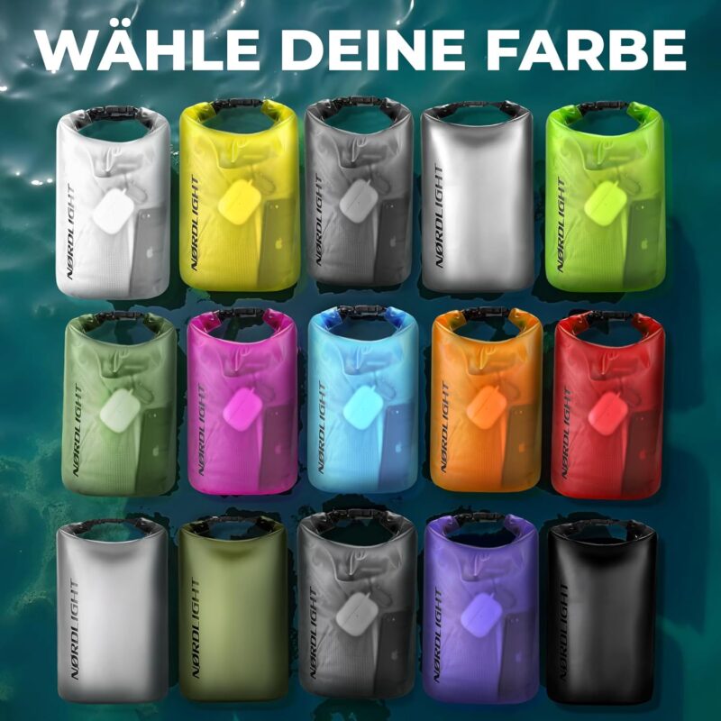 Dry Bag wasserdichte Tasche - 2l 5l 10l 15l 20l 30l Liter | Wasserfester Packsack Seesack Beutel Waterproof Drybag + Roll-Top + Schultergurt | Schwimmen Baden Strand Kanu SUP Tauchen Handy – Bild 2