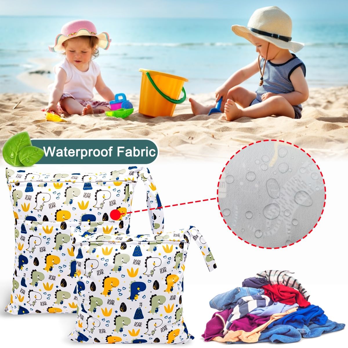 HOTLIKE Wetbag Nursery Large, Pack of 2 Wet Pockets Nappy Bag, Reusable, Waterproof, Washable Wet Bag Organiser with Zip for Baby, Toddler, Travel, Gym (Dinosaur 2) – Bild 3