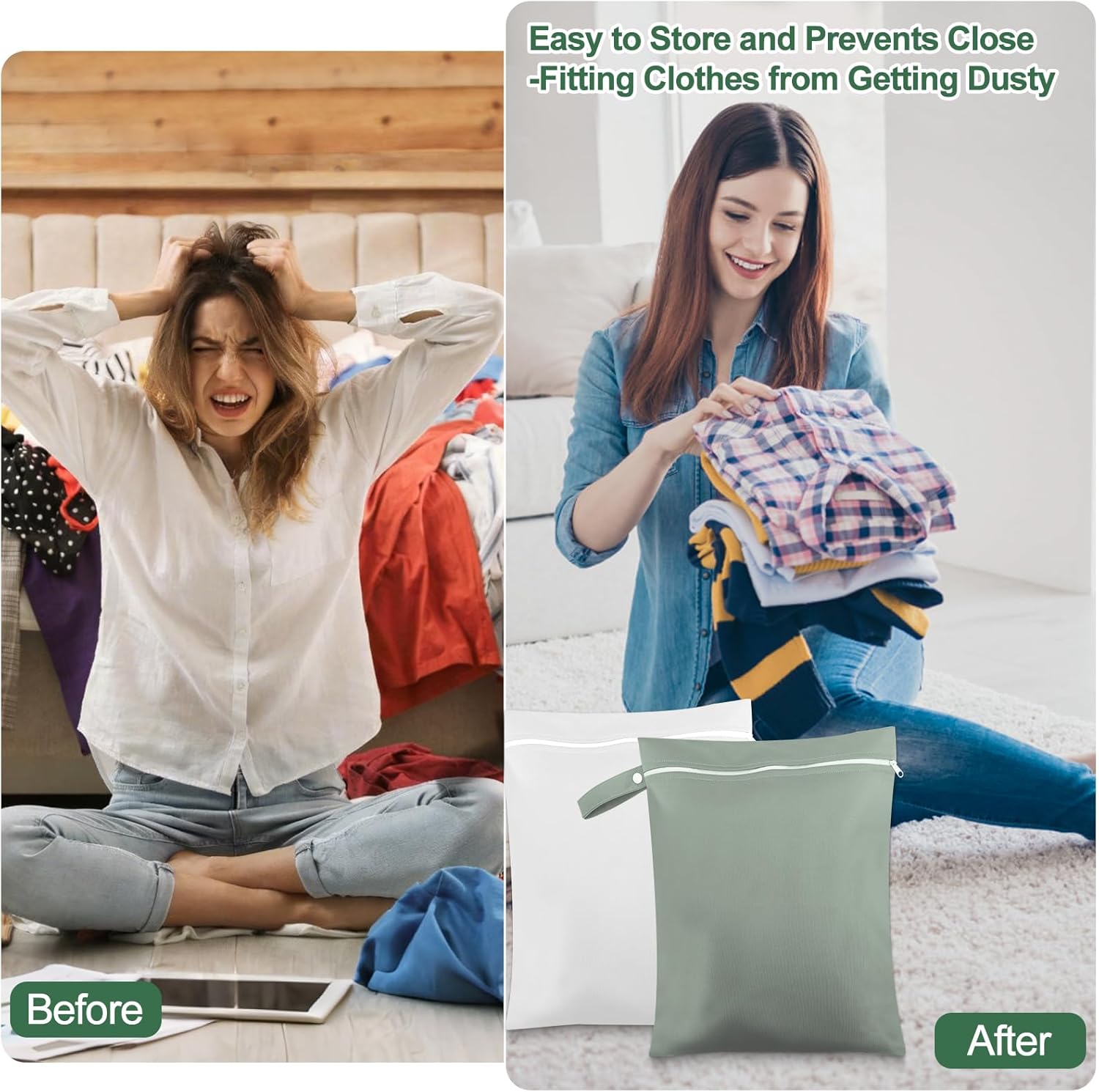 Wusboo Wet Bag 40 x 30 cm, Waterproof Wetbags Laundry Bag, 2 Grey/Green & 2 White, Reusable Travel Wet Bag with Zip, Small Wet Bag Swimming for Dirty Laundry and Nappies – Bild 4