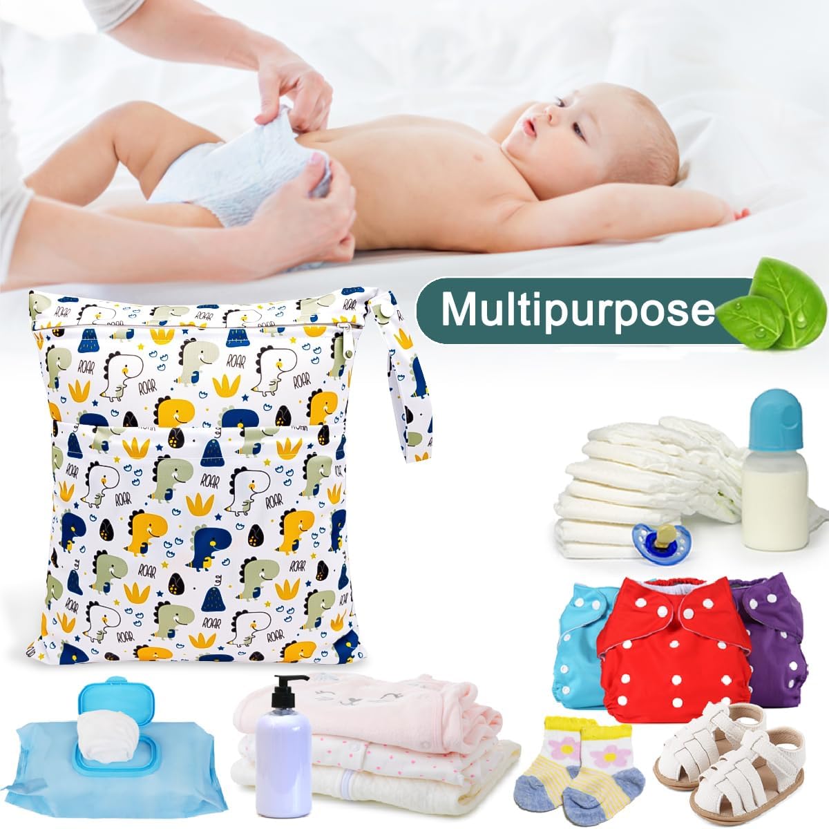 HOTLIKE Wetbag Nursery Large, Pack of 2 Wet Pockets Nappy Bag, Reusable, Waterproof, Washable Wet Bag Organiser with Zip for Baby, Toddler, Travel, Gym (Dinosaur 2) – Bild 2