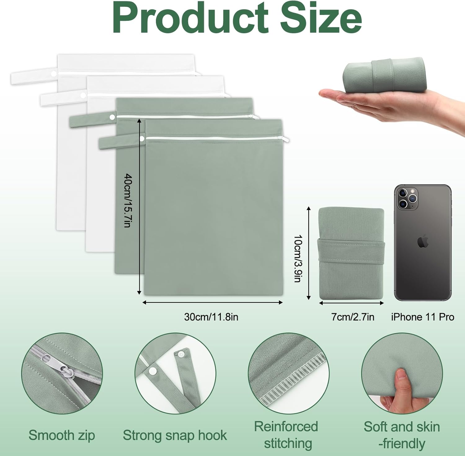 Wusboo Wet Bag 40 x 30 cm, Waterproof Wetbags Laundry Bag, 2 Grey/Green & 2 White, Reusable Travel Wet Bag with Zip, Small Wet Bag Swimming for Dirty Laundry and Nappies – Bild 2