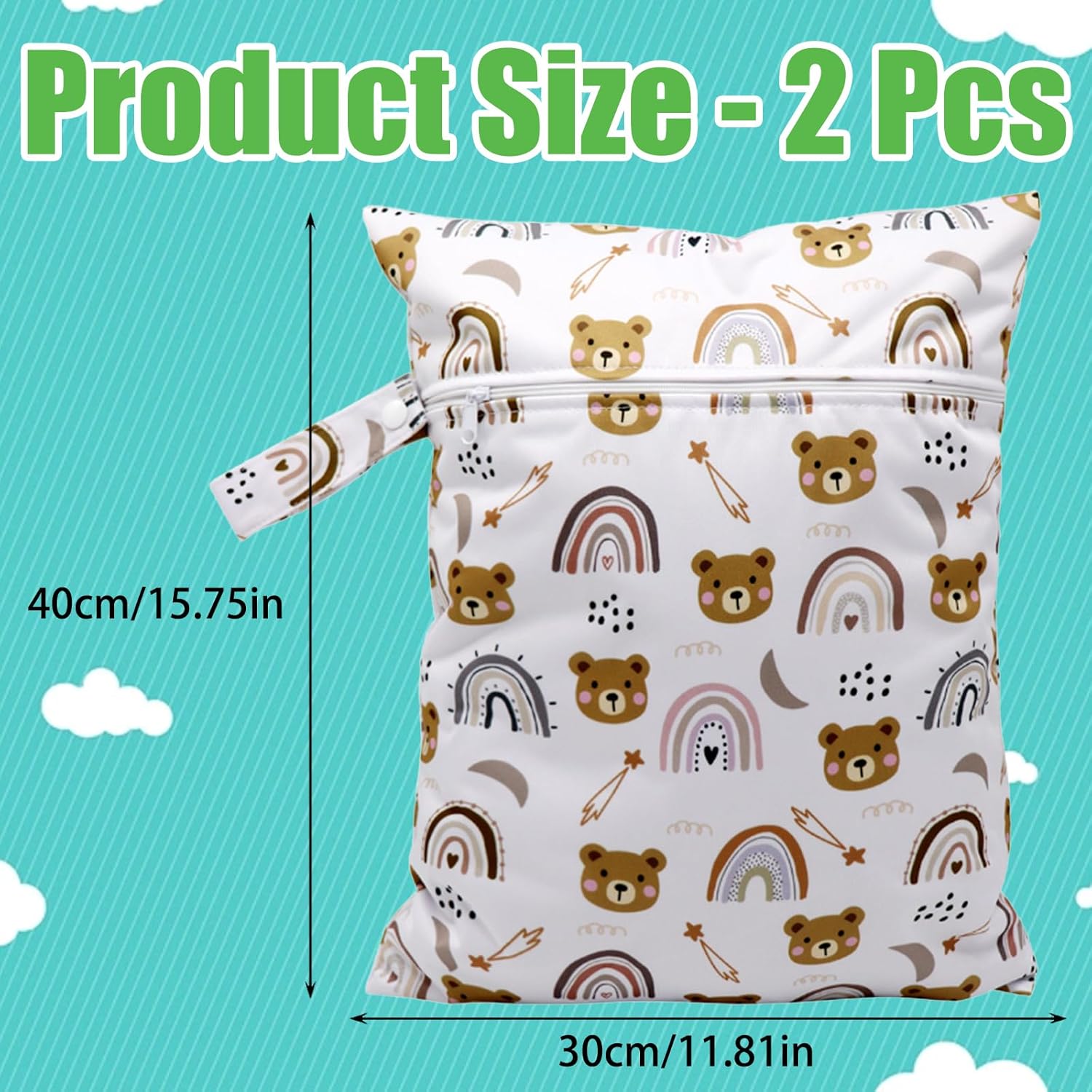 YNR Pack of 2 Bear Wetbag Nursery Large Nappy Bag with Zip, Wet Pockets Reusable, Wet and Dry Changing Bags for Baby Travel On the Go Toddler Nappies Swimming Fitness, White with brown and pastel – Bild 2