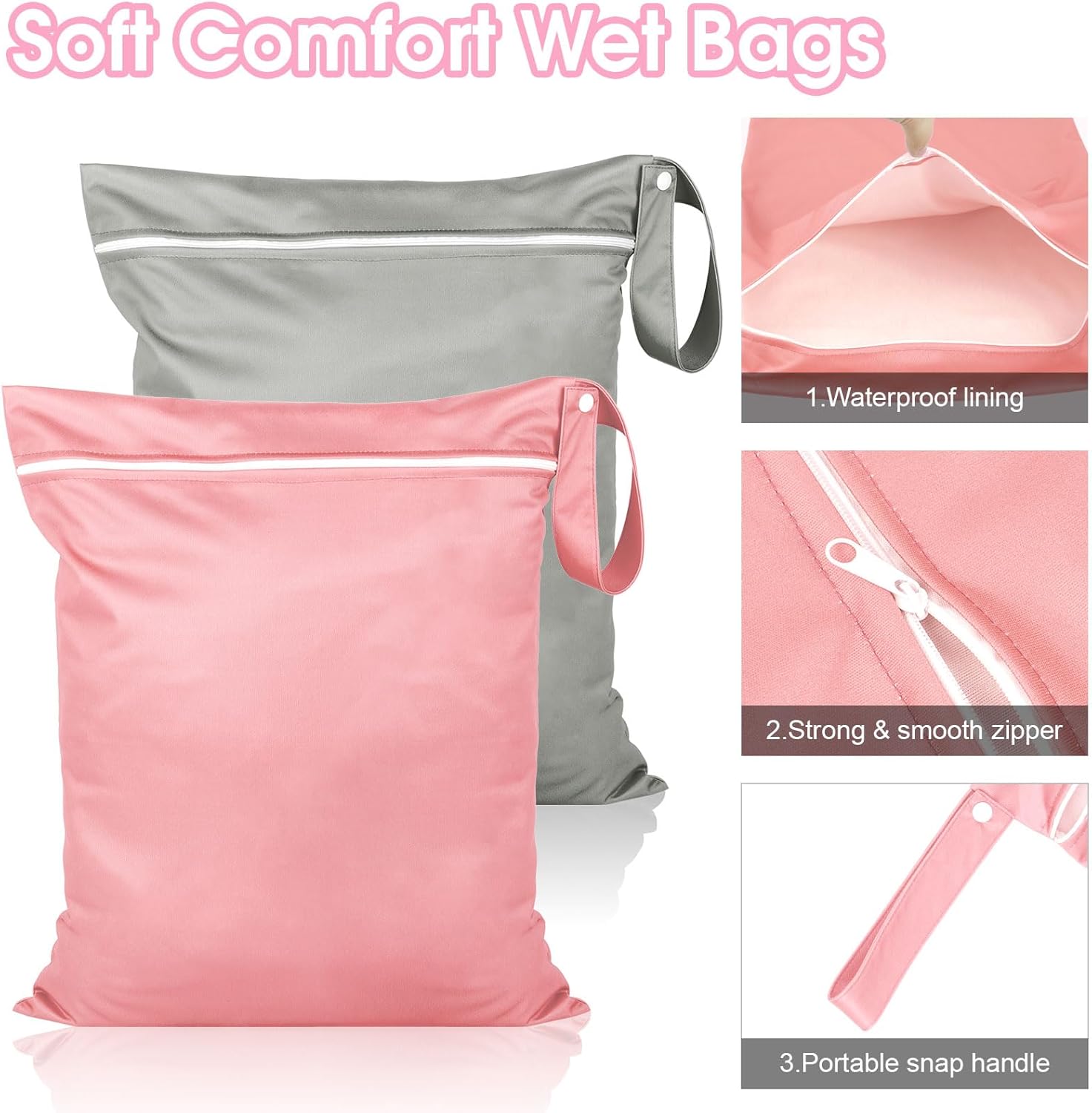 2 Stück Nassbeutel, Wasserdicht Wet Bag Schwimmen, Nasstasche Reise 36 x 30 cm, Wetbag Schwimmsachen mit Reißverschluss, für Windeln Badeanzüge Strandtücher Schmutzige, Grau + Rosa – Bild 3