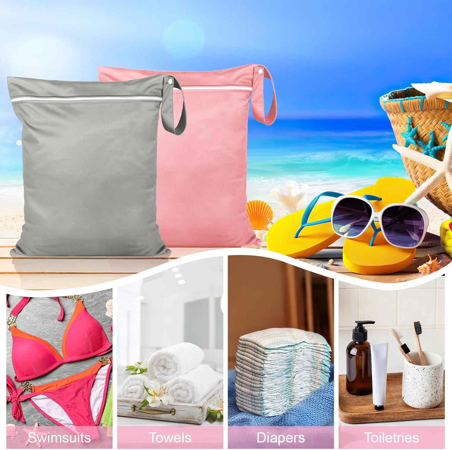 2 Stück Nassbeutel, Wasserdicht Wet Bag Schwimmen, Nasstasche Reise 36 x 30 cm, Wetbag Schwimmsachen mit Reißverschluss, für Windeln Badeanzüge Strandtücher Schmutzige, Grau + Rosa – Bild 4