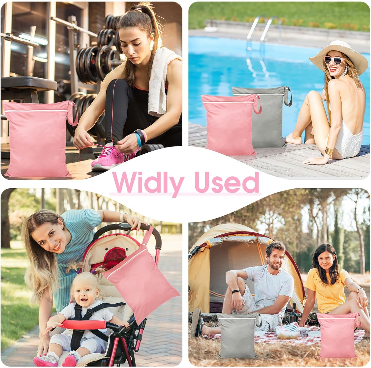 2 Stück Nassbeutel, Wasserdicht Wet Bag Schwimmen, Nasstasche Reise 36 x 30 cm, Wetbag Schwimmsachen mit Reißverschluss, für Windeln Badeanzüge Strandtücher Schmutzige, Grau + Rosa – Bild 7