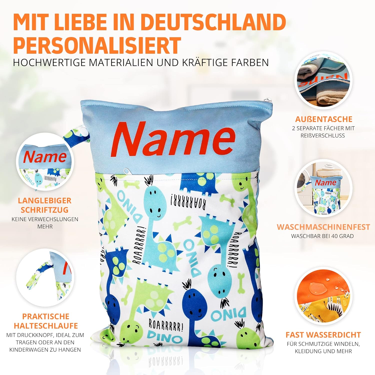 Personalised Wet Bag with Name in Germany with 2 Separate Compartments, as a Nappy Bag, in Nursery or on the Go (Pack of 2 Dinos) – Bild 3
