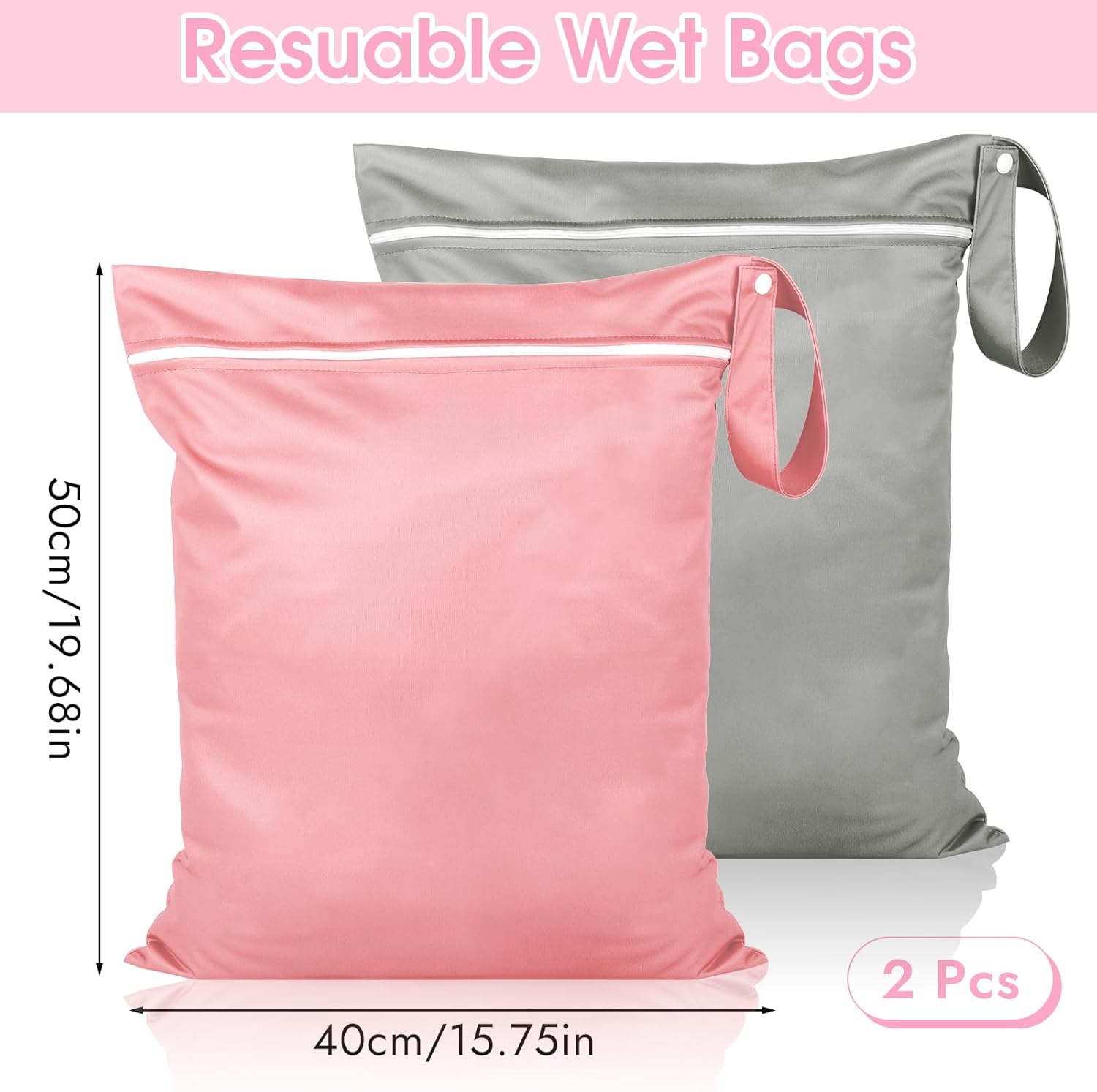 2 Stück Nassbeutel, Wasserdicht Wet Bag Schwimmen, Nasstasche Reise 36 x 30 cm, Wetbag Schwimmsachen mit Reißverschluss, für Windeln Badeanzüge Strandtücher Schmutzige, Grau + Rosa – Bild 2