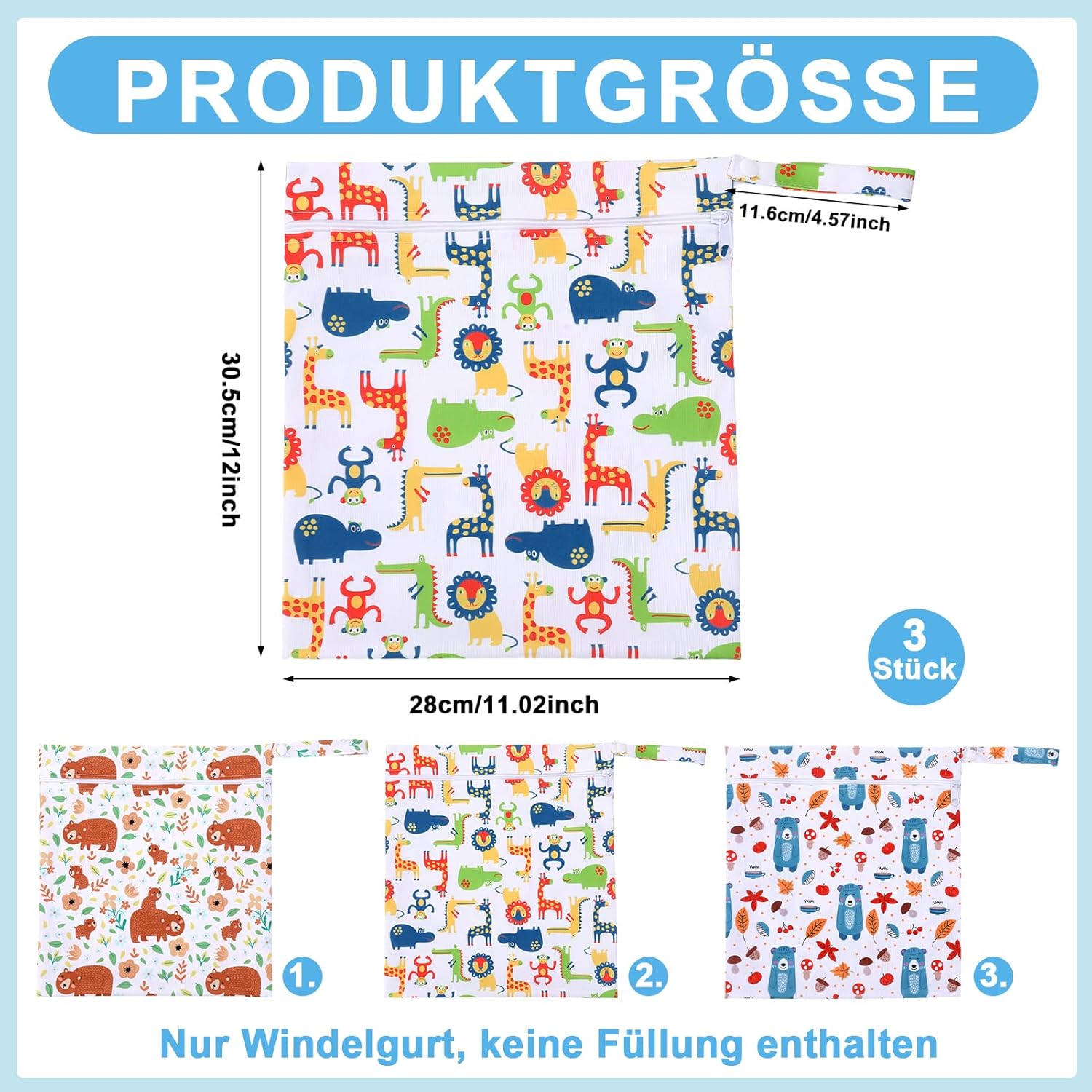 3 Stück Wetbag Kindergarten,28 * 30.5CM Wiederverwendbare wasserdichte Wet Bag,Nasstaschen mit Reißverschluss,Nassbeutel Kindergarten für Baby Reisen Unterwegs – Bild 3